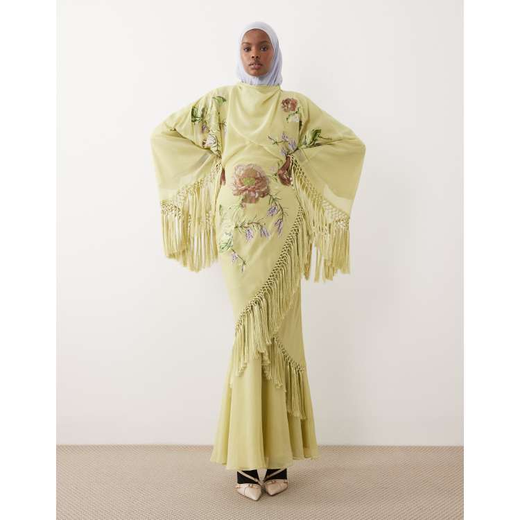 ASOS DESIGN Modesty embroidery and viscose fringe kimono maxi dress in green  | ASOS