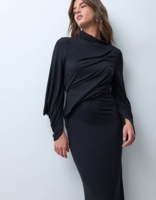 ASOS DESIGN modesty exaggerated sleeve high neck dress in black, 3 of 4