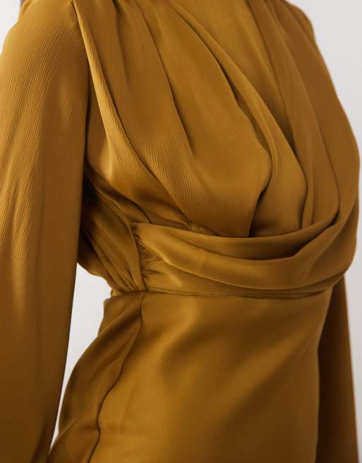 ASOS DESIGN modesty flute sleeve draped maxi dress in mustard yellow, 3 of 4