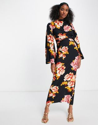 ASOS DESIGN high neck maxi dress with wrap waist and fluted sleeve in black floral print