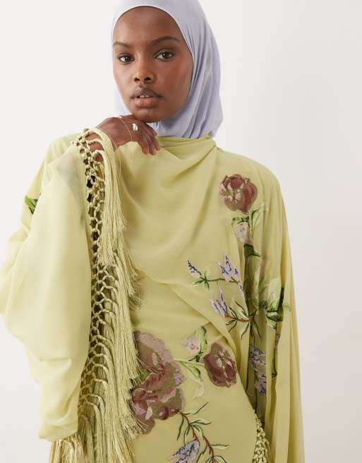 ASOS DESIGN – Modesty – Kimono-Maxikleid aus Viskose in Grün mit Fransen und Stickereien, 2 von 4
