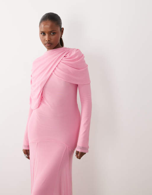 ASOS DESIGN - Modesty - Lange jurk van mesh met overlay en gedrapeerde halslijn in citroengeel, 3 van 4