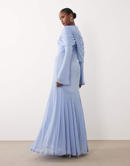 ASOS DESIGN - Modesty - Lange jurk van mesh met overlay en gedrapeerde halslijn in pastelblauw, 4 van 4