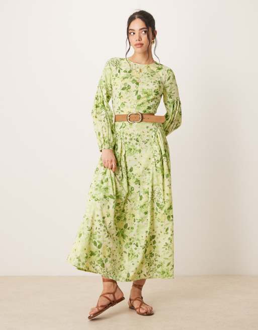 ASOS DESIGN Modesty linen look maxi dress with voile godets in green ...