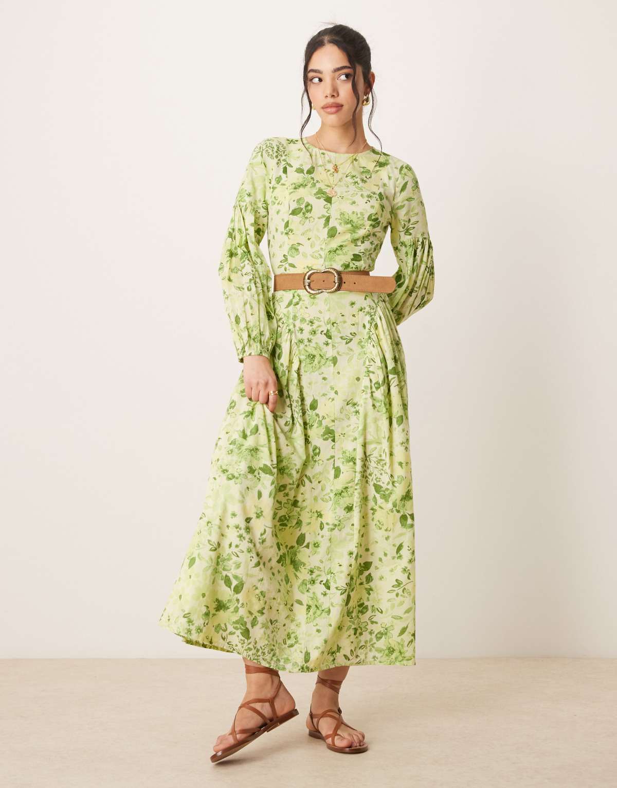 ASOS DESIGN Modesty linen maxi dress with voile godets in green floral print