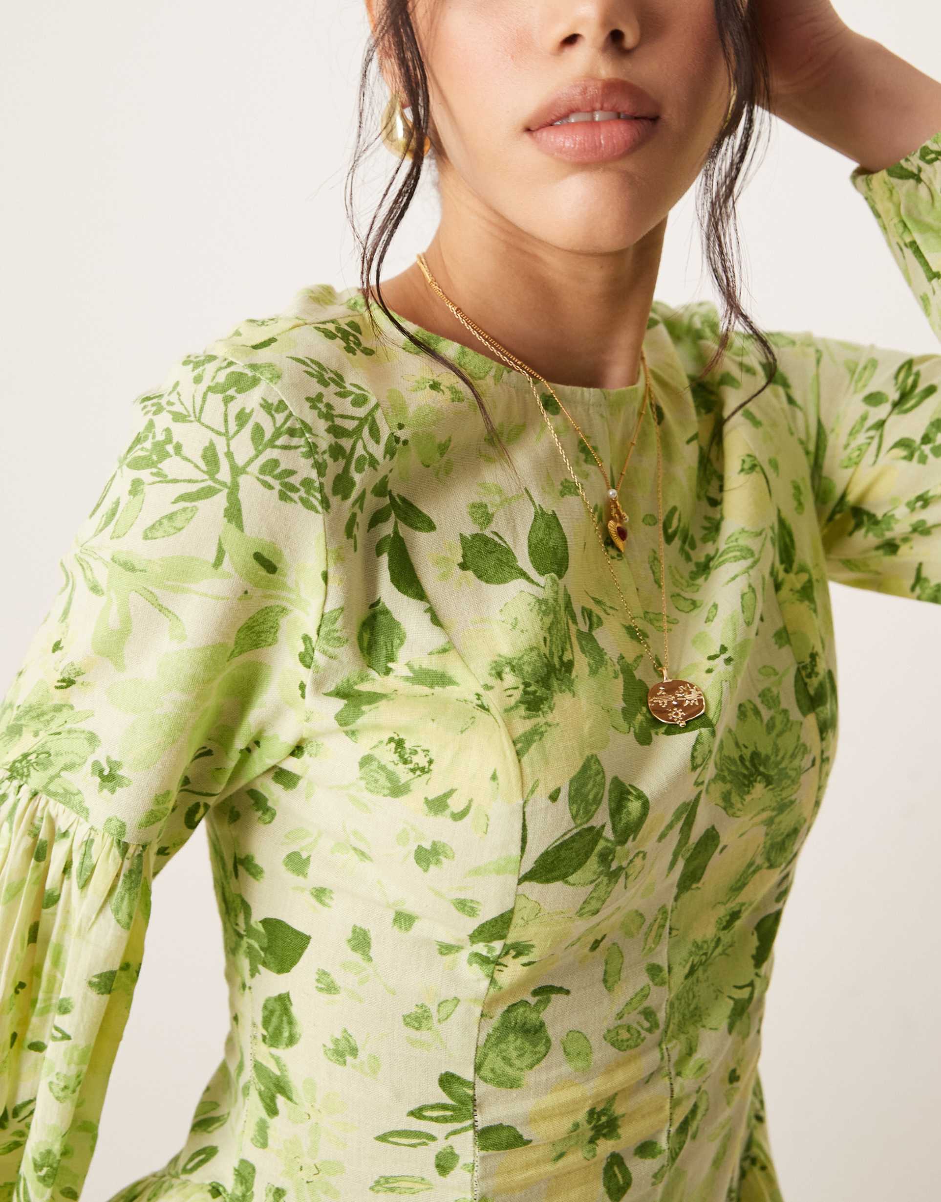 asos design modesty linen maxi dress with voile godets in green floral print