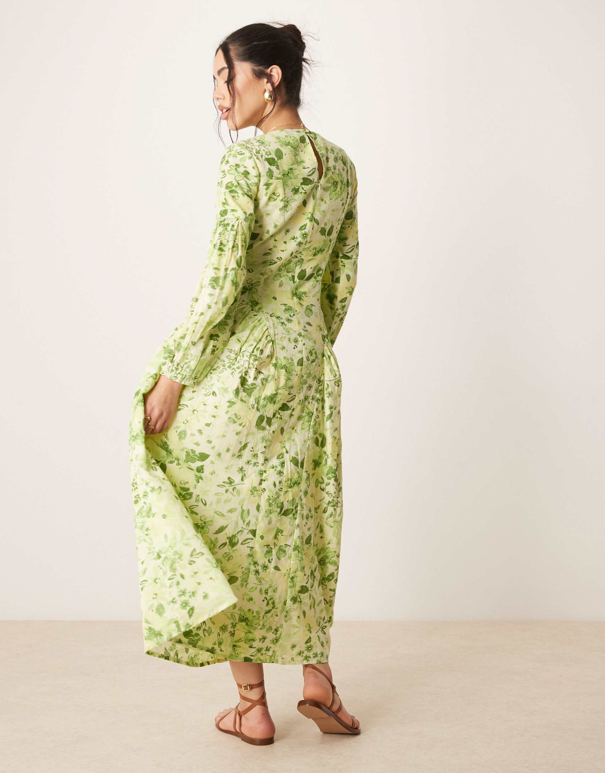 asos design modesty linen maxi dress with voile godets in green floral print