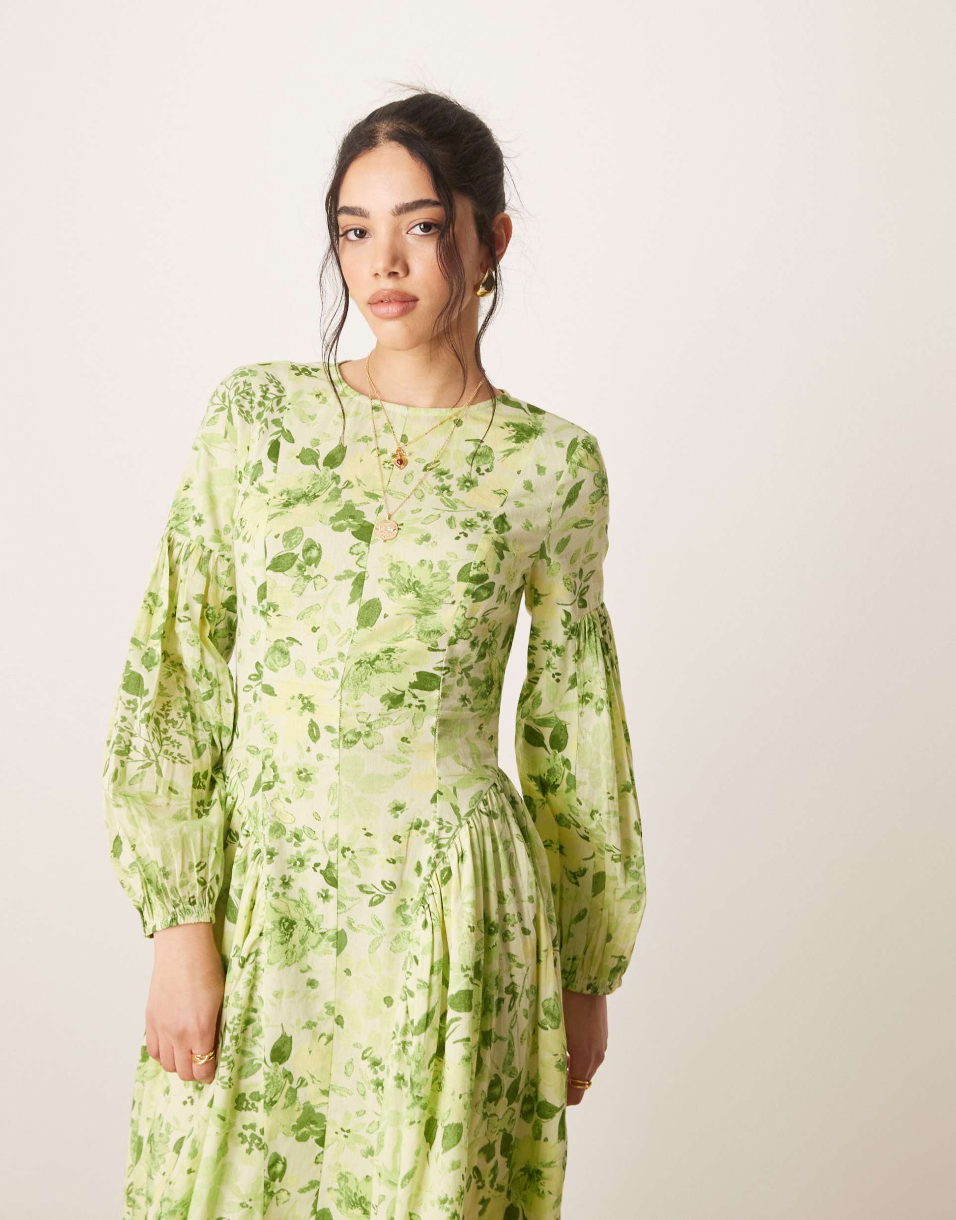 asos design modesty linen maxi dress with voile godets in green floral print