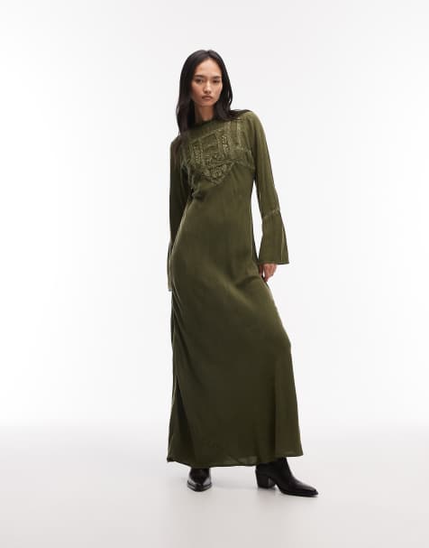 ASOS DESIGN Modesty maxi tee dress in washed green with lace trim inserts  - view 1