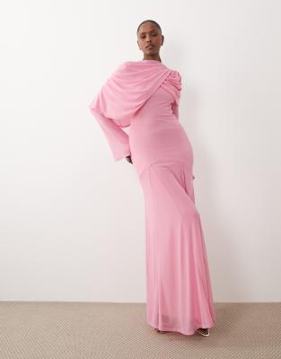 ASOS DESIGN - Modesty - Maxikleid aus Netzstoff in Rosa mit Overlay und drapiertem Ausschnitt