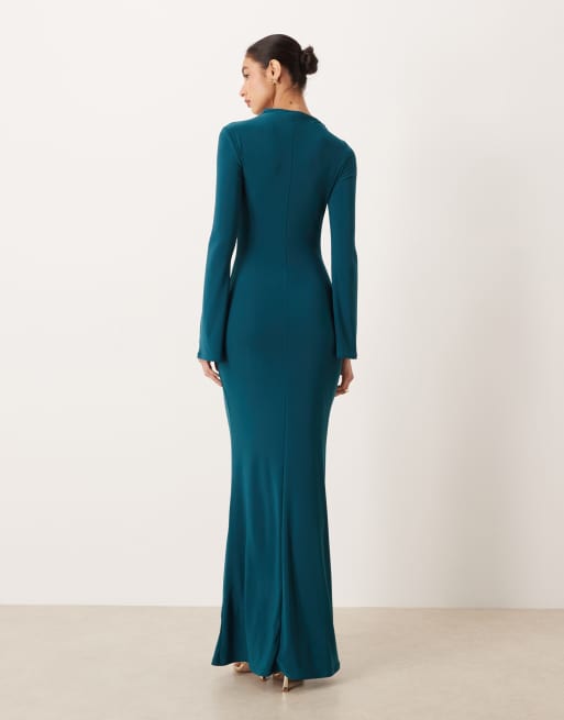 ASOS DESIGN – Modesty – Maxikleid in Blau mit Strassbesatz und drapiertem Detail am Ausschnitt, 4 von 4