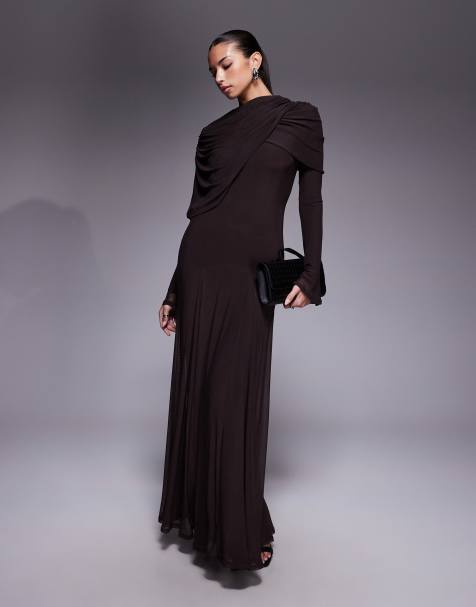 ASOS DESIGN mesh maxi dress with overlay draped neckline in chocolate