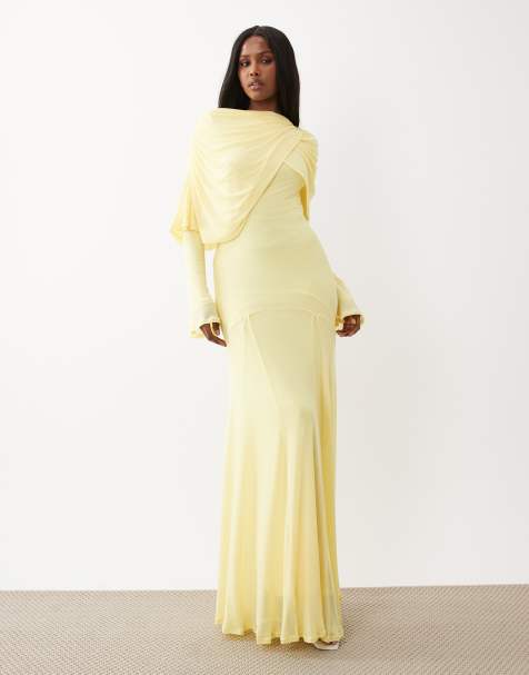 ASOS DESIGN modesty mesh maxi dress with overlay draped neckline detail in lemon
