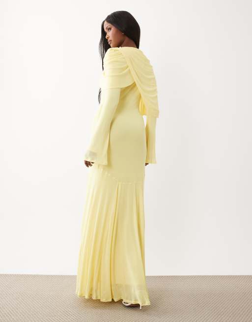 ASOS DESIGN modesty mesh maxi dress with overlay draped neckline detail in lemon, 2 of 4