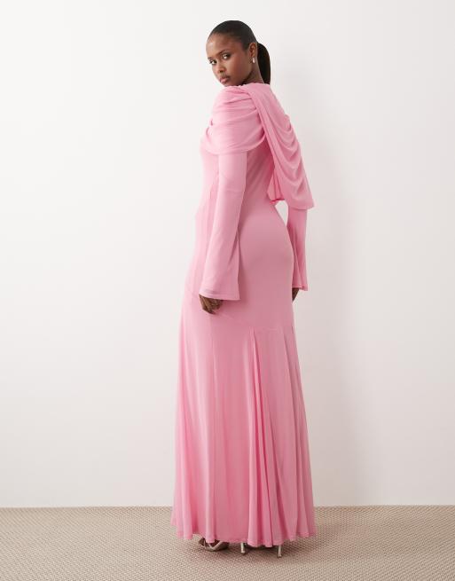 ASOS DESIGN modesty mesh maxi dress with overlay draped neckline detail in pink, 4 of 4