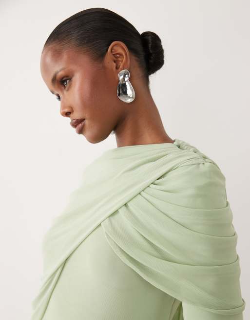 ASOS DESIGN Modesty mesh maxi dress with overlay draped neckline detail in sage green, 3 of 4