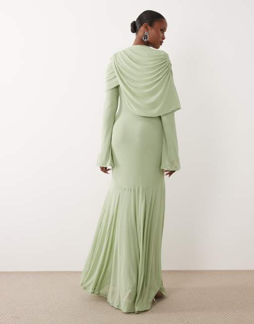 ASOS DESIGN Modesty mesh maxi dress with overlay draped neckline detail in sage green, 4 of 4