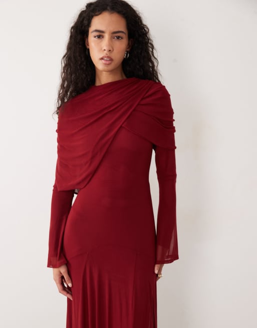 ASOS DESIGN modesty mesh maxi dress with overlay draped neckline detail in wine, 3 of 4