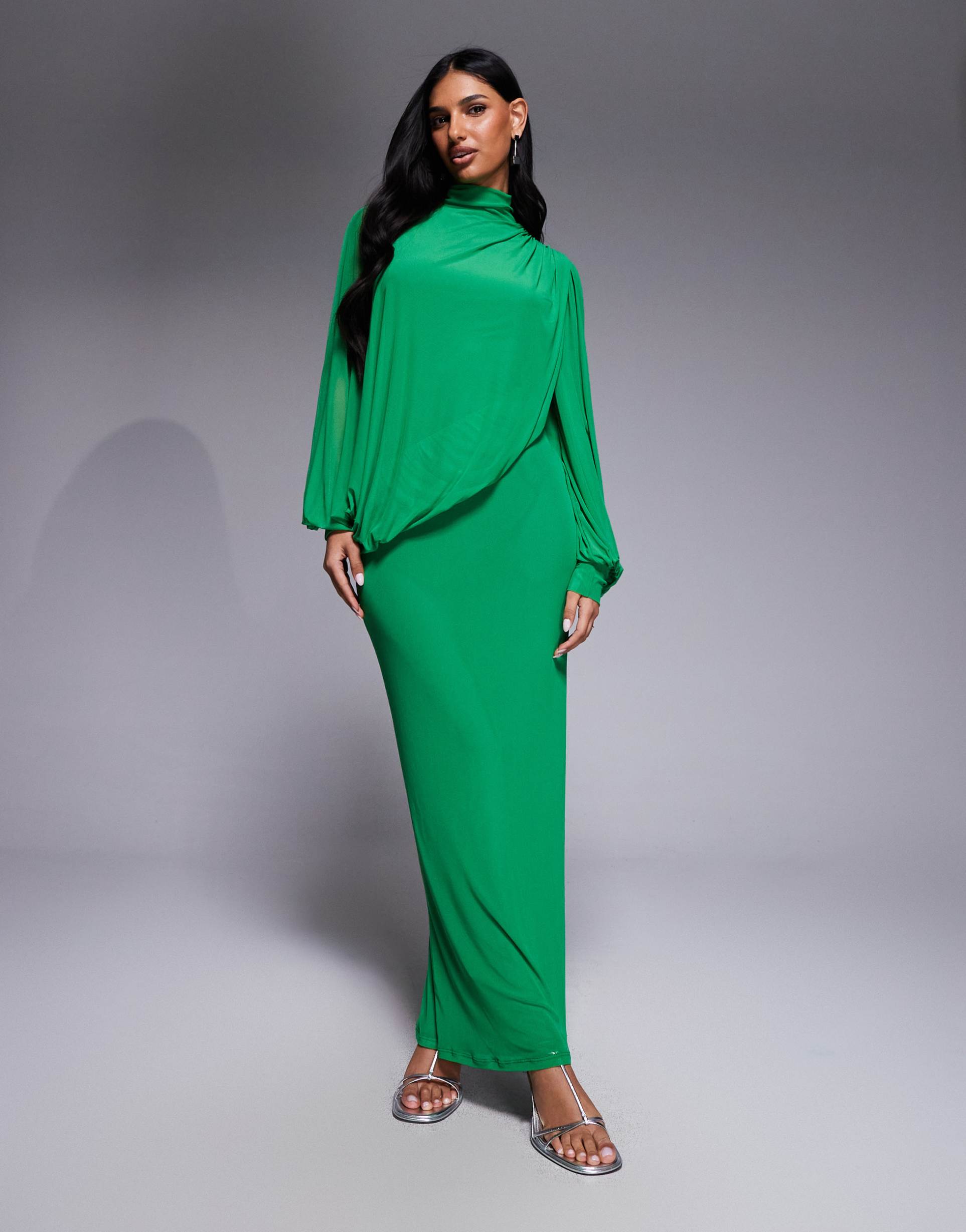 asos design modesty mesh wrap over draped blouson sleeves high neck maxi dress in green