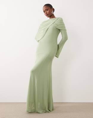Modesty - Netzstoff-Maxikleid in Salbeigrün mit drapiertem Ausschnitt-Overlay Grün XS