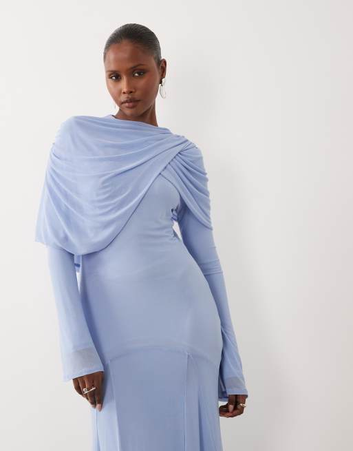 ASOS DESIGN – Modesty – Pastellblå maxiklänning i mesh med överlager och draperad ringning, 3 av 4