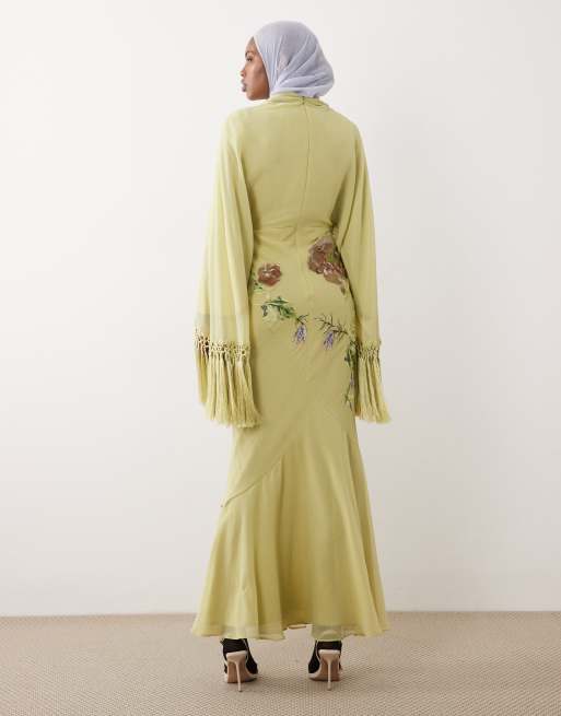 ASOS DESIGN - Modesty - Robe longue style kimono en viscose avec franges et broderies - Vert, 4 de 4