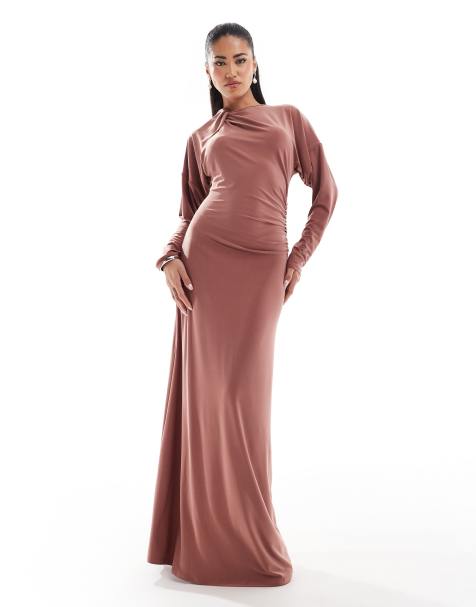 ASOS DESIGN - Modesty - Rynket maxikjole med lange ærmer og knudedetalje i rustrød - view 1