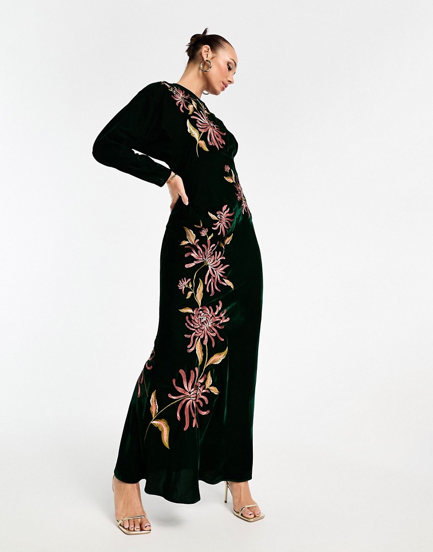 Asos Design Modesty Velvet Batwing Bias Maxi Dress With Floral Embroidery In Forest Green