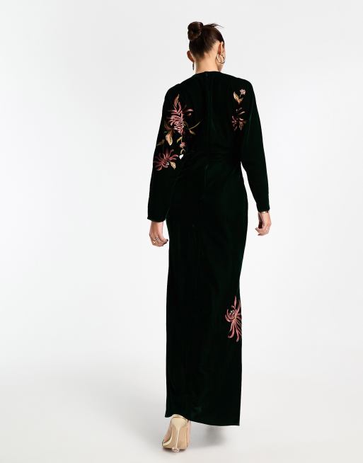 ASOS DESIGN Modesty velvet batwing bias maxi dress with floral embroidery  in forest green