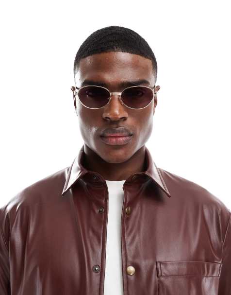 ASOS DESIGN – Modische, runde 90er-Sonnenbrille aus goldfarbenem Metall mit Rillendetails - view 1