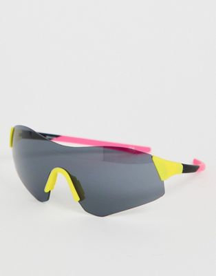 ASOS DESIGN – Modische Visor-Sonnenbrille mit Halbrahmen und Farbblockdesign in Neon-Mehrfarbig