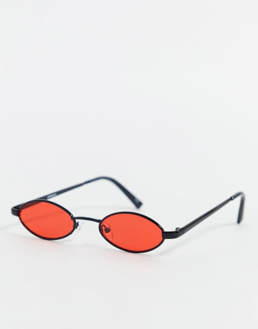ASOS DESIGN – Modne owalne okulary z metalu w kolorze matowej czerni z czerwonymi niewielkimi soczewkami w stylu lat 90-tych