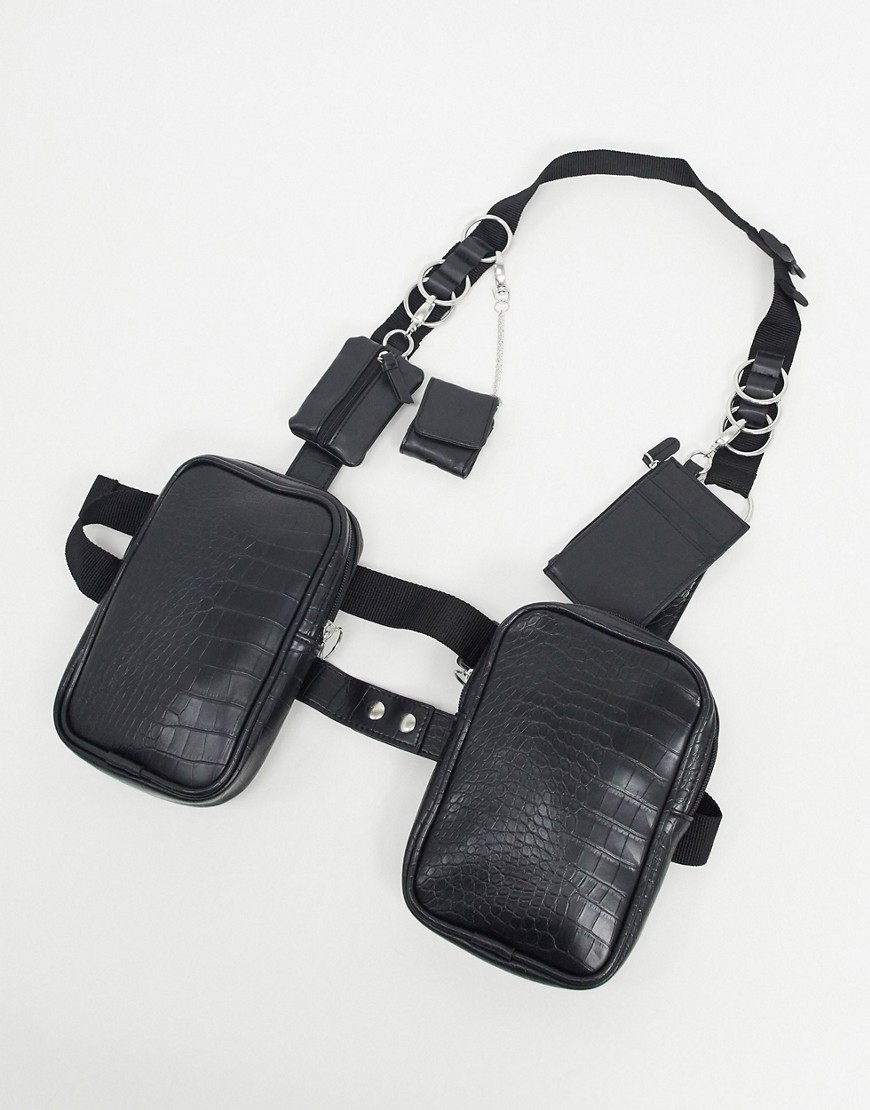ASOS DESIGN modular chest harness in black faux leather with clip-on wallets