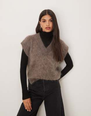 Asos Design Mohair Blend Boxy High V Tank In Brown