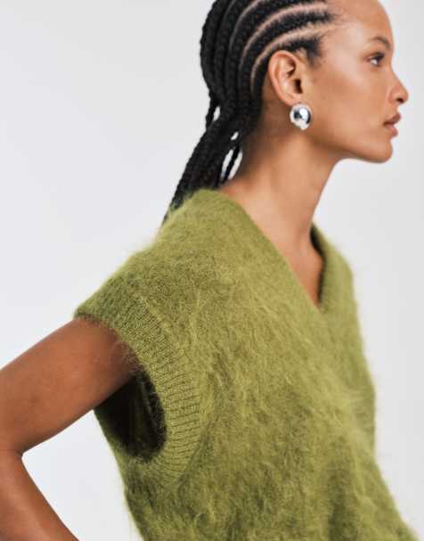 ASOS DESIGN mohair blend boxy high V tank in olive - view 1