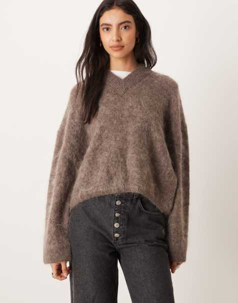 ASOS DESIGN mohair mix wide sleeve sweater with v neck in mocha - view 1