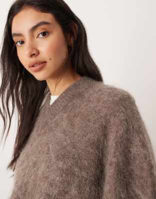 Asos Design Mohair Mix Wide Sleeve Sweater With V Neck In Brown