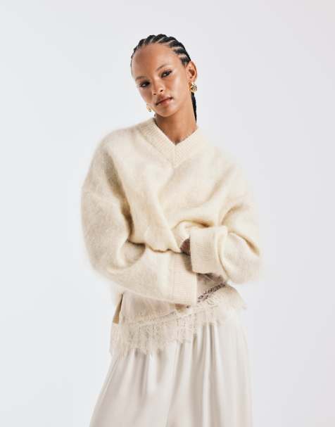 ASOS DESIGN premium mohair wide sleeve jumper with v neck in buttermilk