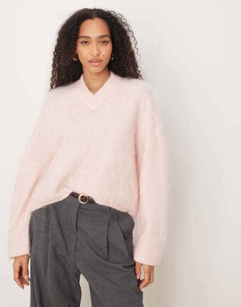 ASOS DESIGN mohair wide sleeve jumper with v neck in pink - view 1