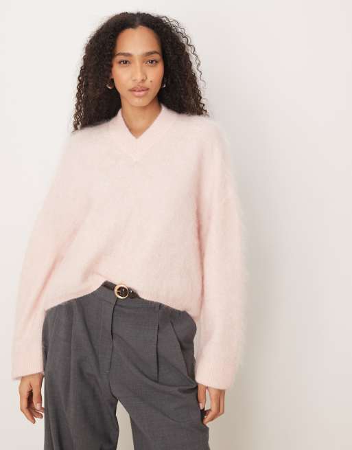 ASOS DESIGN mohair wide sleeve jumper with v neck in pink