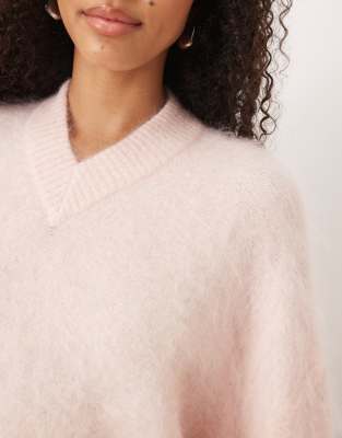 Asos Design Mohair Wide Sleeve Sweater With V-neck In Pink
