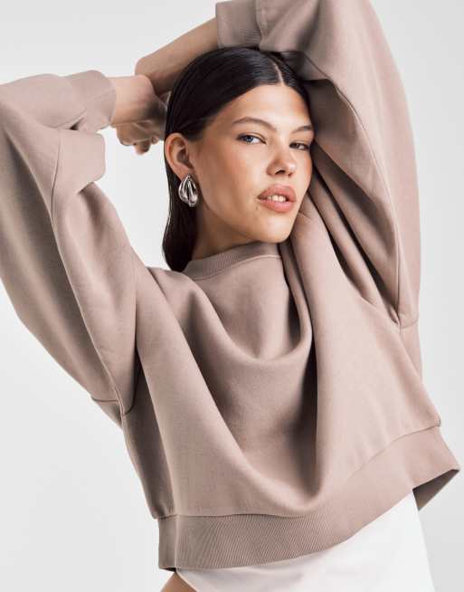 ASOS DESIGN - Mokka-gråbrun sweatshirt med ballonærmer og børstet inderside