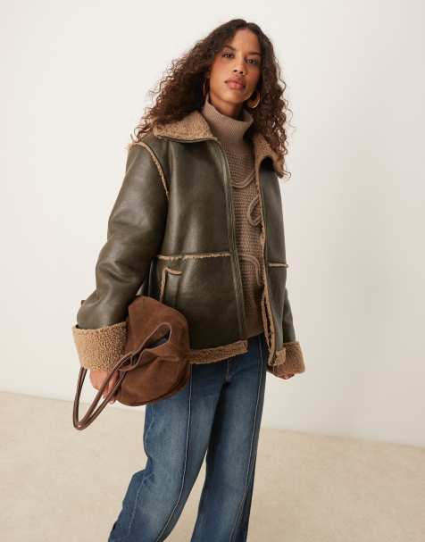ASOS DESIGN - Mokkabrun forvasket aviator-jakke i imiteret lammeskind - view 1