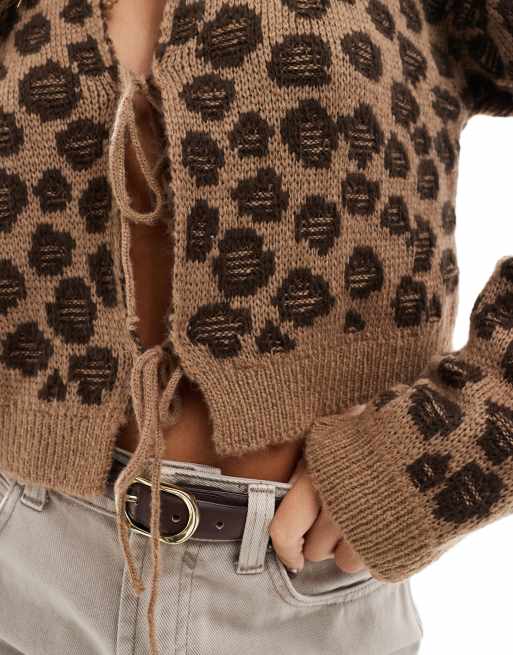 ASOS DESIGN - Mokkabrun og strikket cardigan med bindebånd fortil og leopardprint med sløjfe, 2 af 4