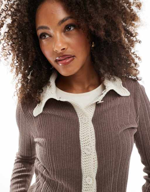 ASOS DESIGN - Mokkabrun strikket cardigan med hæklet kontrastkrave, 4 af 4