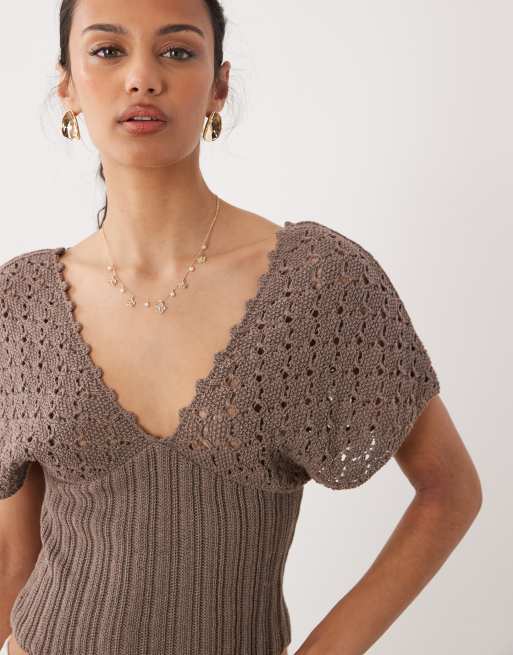 ASOS DESIGN - Mokkabrun top i strik med dyb udskæring og indsyet talje, 3 af 4