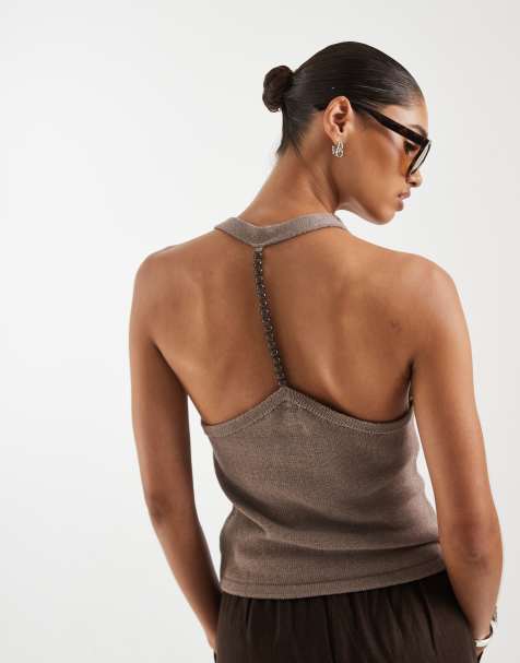 ASOS DESIGN - Mokkabrun top i strik med halterneck og perler - view 1