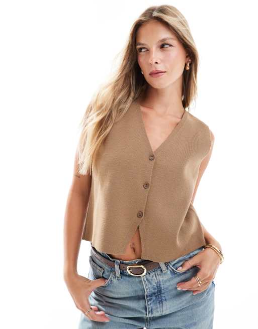 ASOS DESIGN - Mokkabrun vest med V-hals i kompakt strik