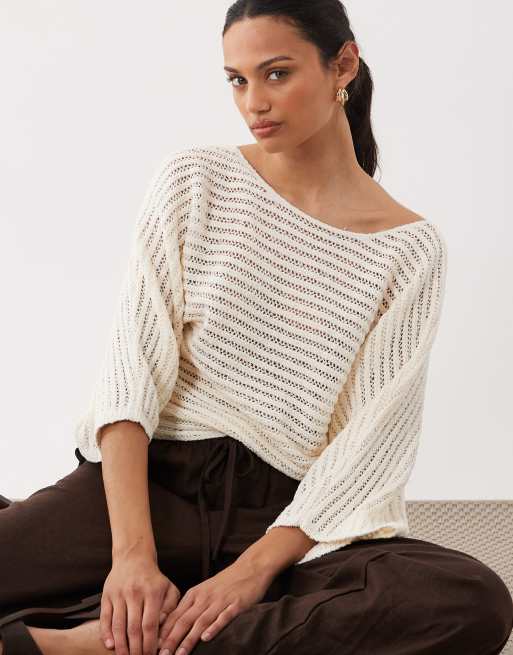 ASOS DESIGN - Mokkafarvet top i bouclestrik af bomuld med flagermusærmer, 2 af 4