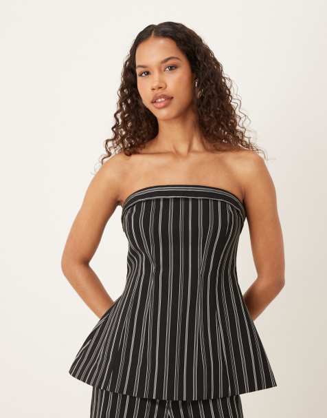 ASOS DESIGN molded hips bandeau top in black and white stripes - part of a set - view 1